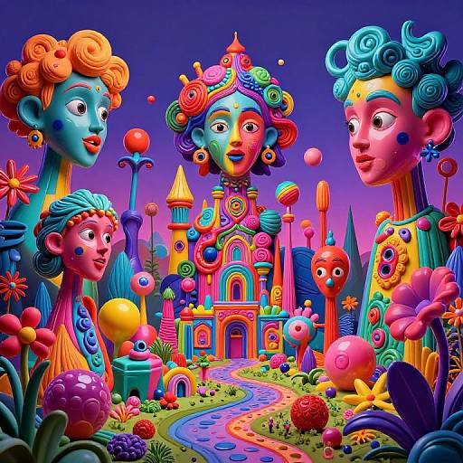 Vibrant digital art of three colorful, stylized human heads with curly hair, surrounded by a whimsical, neon-colored fantasy castle and garden.