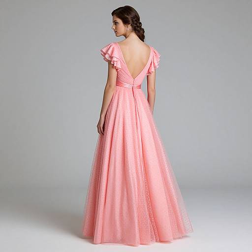 Photograph of a woman with dark hair in a pink, backless, short-sleeved ball gown, standing against a plain white background.