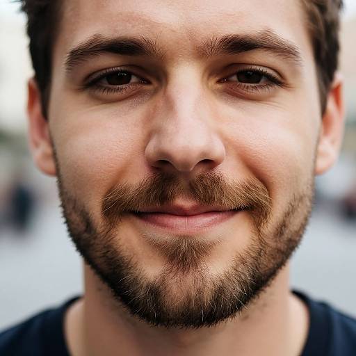 Close-up photograph of a smiling young man with brown eyes, short brown hair, and a neatly trimmed beard, wearing a black shirt. Background is blurred
