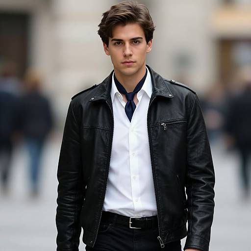 Photograph of a young, attractive man with dark brown hair, wearing a black leather jacket over a white shirt and black tie, standing in a blurred