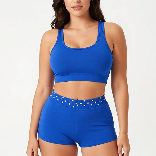 Photograph of a woman with light skin, dark brown hair, wearing a blue sports bra and high-waisted blue shorts with white polka dots