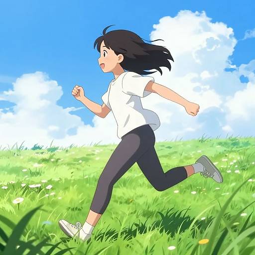 Anime-style digital drawing of a young woman with black hair, wearing a white shirt, black leggings, and white sneakers, running in a bright green grass
