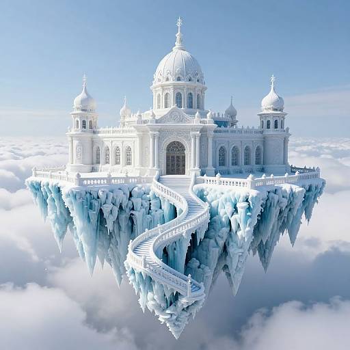 Photorealistic CGI of a white, domed, neoclassical building on a floating, icy cliff, surrounded by clouds, with a winding