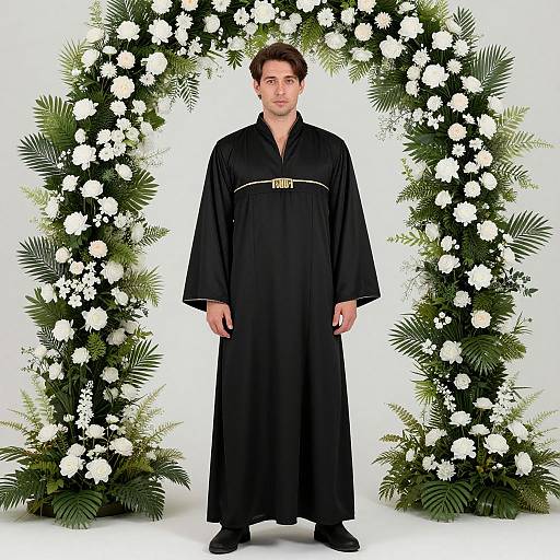 Photograph of a man in a long black robe standing in front of a lush, white flower and greenery archway.