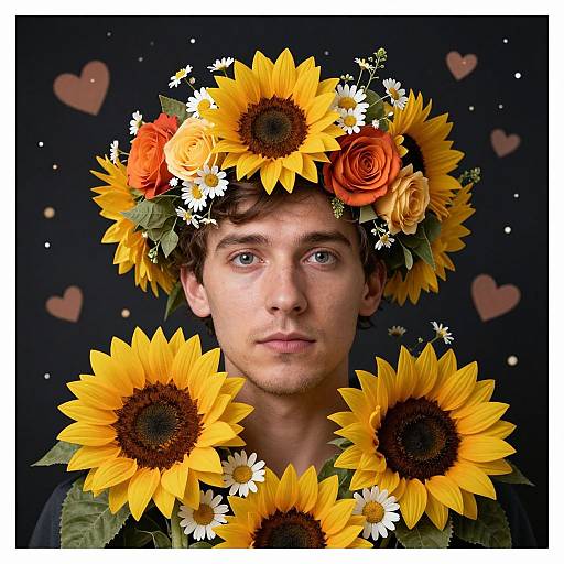 Photograph of a young man with blue eyes, wearing a vibrant sunflower and rose headband, surrounded by sunflowers, against a dark background with
