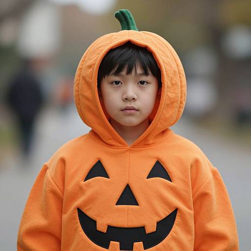 Photograph of an East Asian boy with black hair, wearing an orange pumpkin hooded sweatshirt with a black jack-o'-lantern face, standing