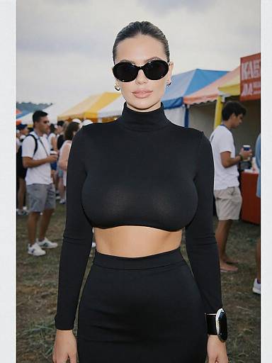 Photograph of a woman with dark hair in a bun, wearing black sunglasses, black crop top, and high-waisted black skirt, standing outdoors