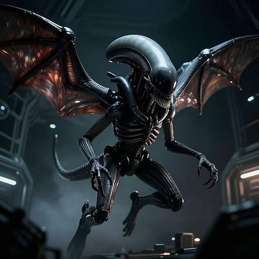 CGI of a muscular, black exoskeleton Xenomorph with bat-like wings, glowing eyes, and sharp claws in a dark, futuristic industrial