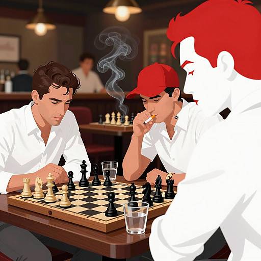 Two Men Playing Chess in Bar