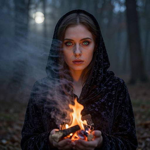 Photograph of a young woman with piercing green eyes, wearing a black hooded cloak, holding a fire in a dark, misty forest.