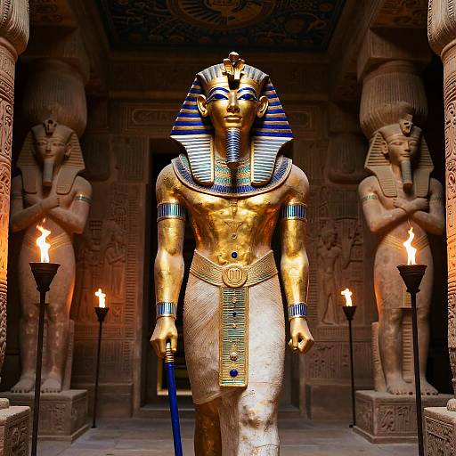 Photograph of a golden Anubis statue with blue-striped headdress, flanked by two lit torches, and two stone Anubis statues