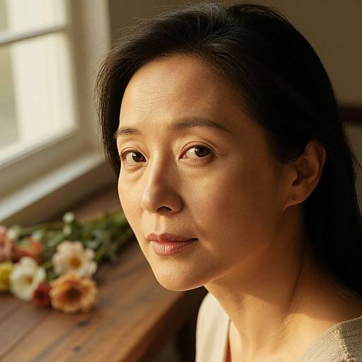 Photograph of an East Asian woman with dark hair, soft light highlighting her face, sitting by a window with flowers on the wooden ledge. Warm sunlight