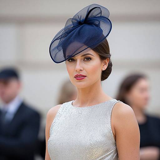 Photograph of a stylish woman with fair skin, dark brown hair, wearing a sheer black fascinator, and a white, sparkling dress, standing in