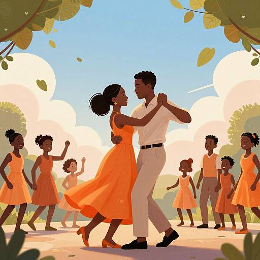 Digital illustration of a lively dance scene: Black couple in orange and white dancing center, surrounded by children in matching orange dresses, under a bright blue sky