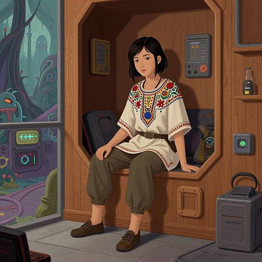 Digital art of an Asian woman with short black hair, wearing a white embroidered shirt and olive pants, sitting in a wooden control room with futuristic technology and