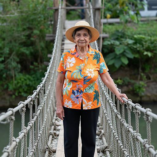 Elderly Woman on Rustic Rope Bridge