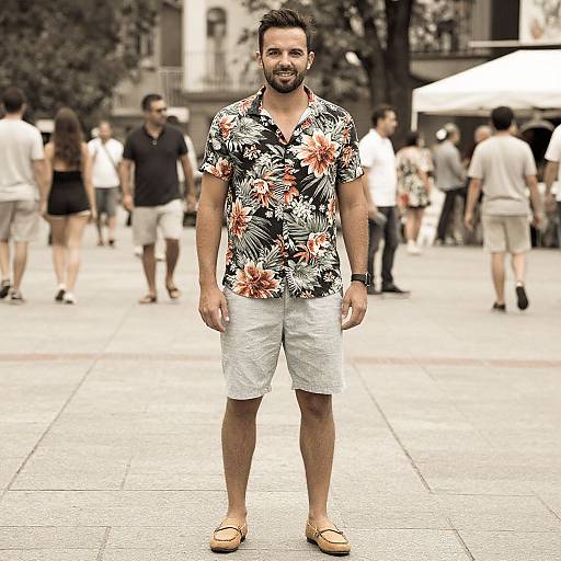 Photograph of a bearded man with short dark hair, wearing a black floral shirt, white shorts, and tan loafers, standing in a busy