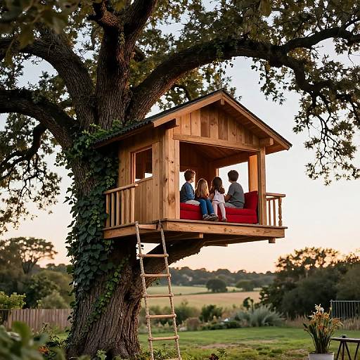 Charming Wooden Treehouse at Golden Hour