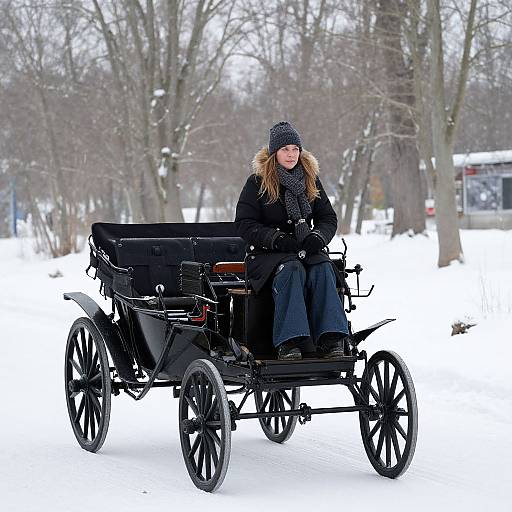 Photograph of a woman with long brown hair, wearing a black coat, hat, and gloves, riding a black horse-drawn carriage through a snowy