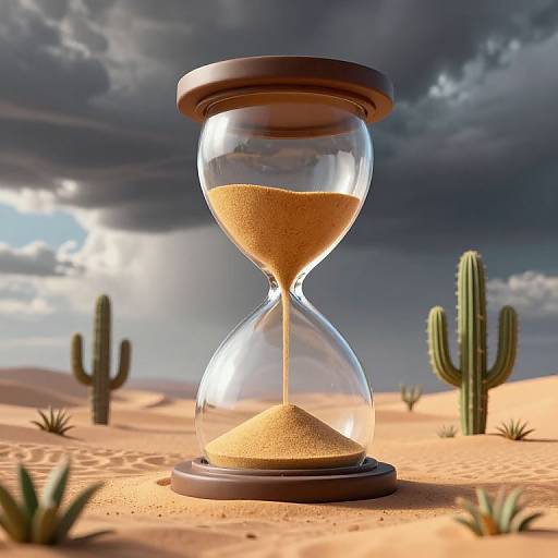 Photograph of a glass hourglass with golden sand, set in a desert with cacti, under a dramatic, cloudy sky.
