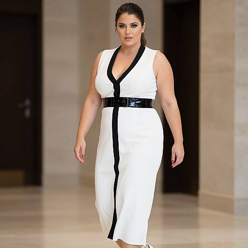 Plus-size woman with dark hair in white sleeveless dress with black trim and belt, walking on a glossy, beige-tiled runway.