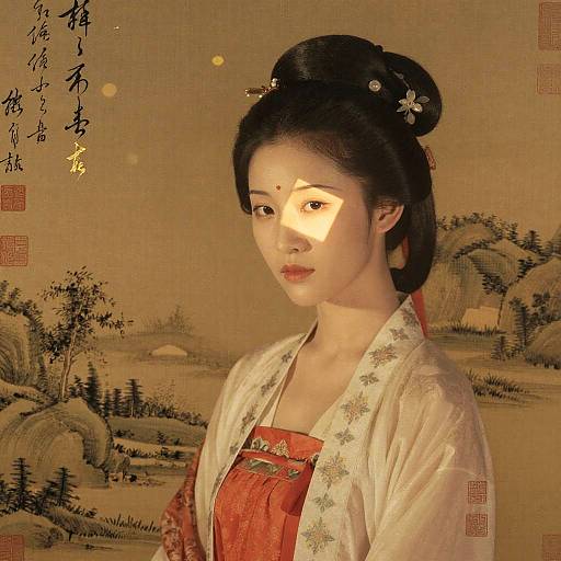 Traditional Chinese Hanfu Portrait with Ink Wash Painting Background