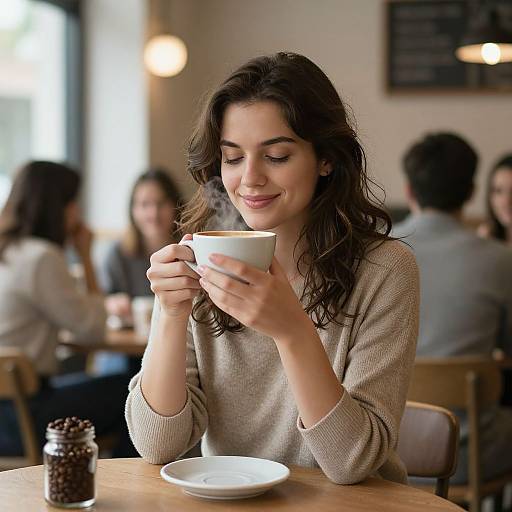 Photograph of a smiling young woman with wavy brown hair, wearing a beige sweater, holding a steaming white cup in a cozy café. Bl