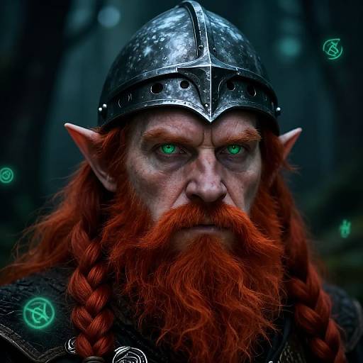 Photorealistic portrait of a fierce, red-bearded, elf-like warrior with glowing green eyes, wearing a metallic helmet and dark armor, set in