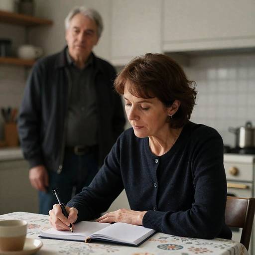 Intimate Kitchen Scene with Focused Writing