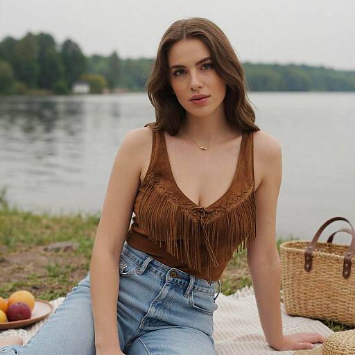 Photograph of a young woman with brown hair, wearing a brown fringe top and blue jeans, sitting by a lakeside with a wicker basket and