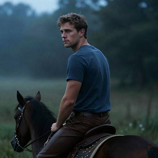 Athletic Man in Misty Twilight Forest