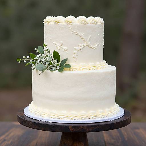Photograph of a two-tiered white wedding cake with intricate frosting, adorned with green leaves and small white flowers, on a dark wooden stand in a