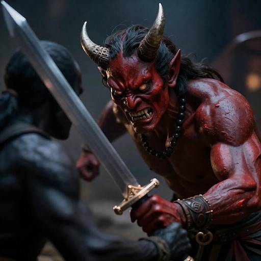 Fierce Demon Clashing with Shadowy Warrior