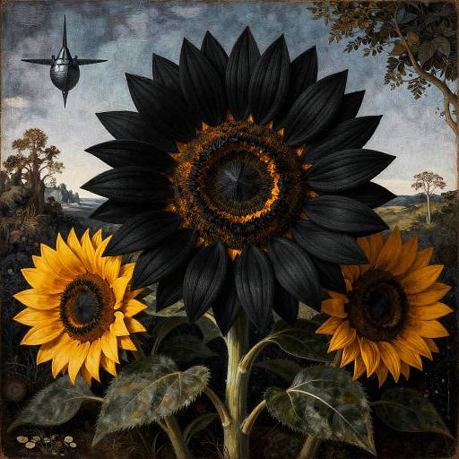 Bosch-Inspired Black Sunflower Fantastical Scene