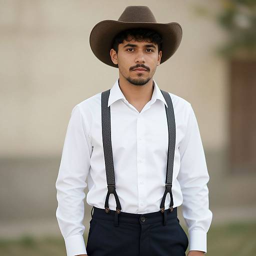 Photograph of a young man with medium skin tone, dark hair, and stubble, wearing a brown cowboy hat, white shirt, black suspenders