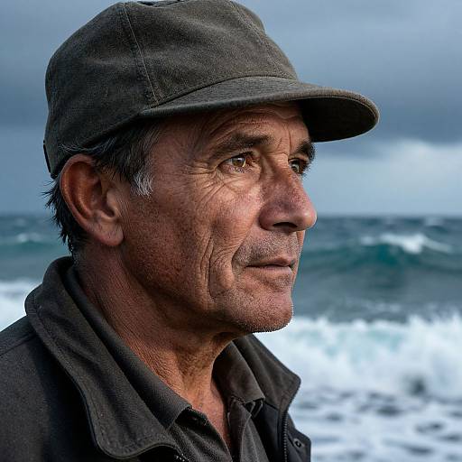 Photograph of an elderly man with weathered skin, brown eyes, and gray hair, wearing a dark green cap and jacket, gazing at the
