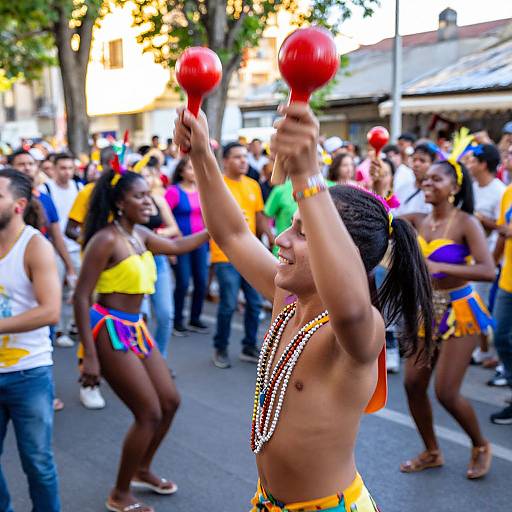 Photograph of a vibrant street parade featuring a topless African-American woman with braided hair, colorful beads, and red maracas, dancing with a