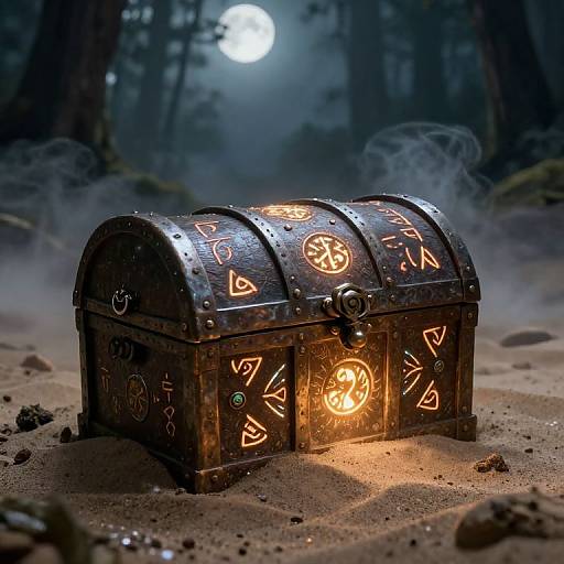 Photorealistic CGI of a glowing, ornate, ancient treasure chest with mystical symbols in a foggy, moonlit forest.