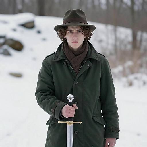 Young Warrior in Snowy Woodland Landscape