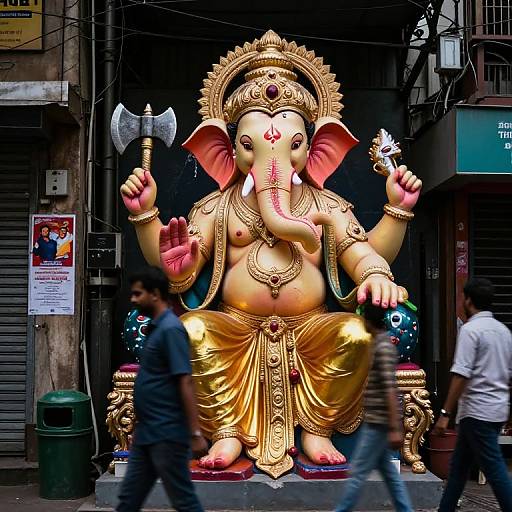 Photograph of a vibrant, gold-ornamented Ganesha statue with pink ears and trunk, holding an axe and flower, in a busy
