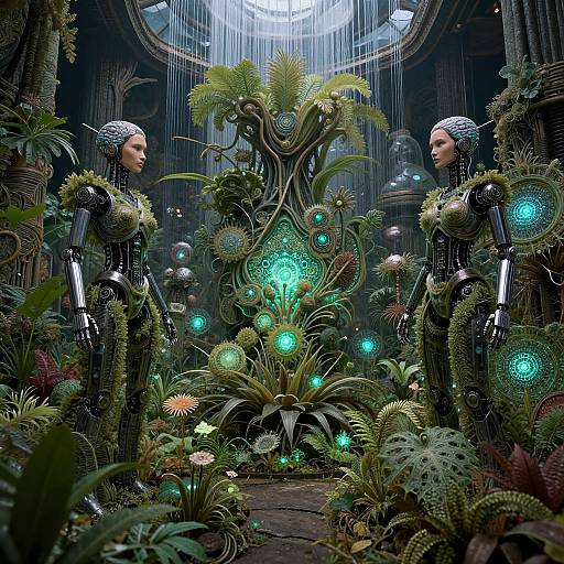 Photorealistic CGI: Two futuristic, metallic female robots with silver heads stand in a neon-lit, lush, sci-fi greenhouse filled with glowing plants
