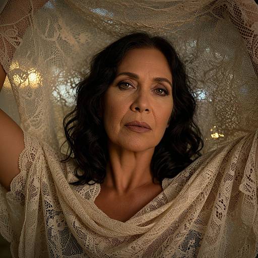 Photograph of a middle-aged woman with dark curly hair, wearing a lace white dress, holding a lace curtain, with soft, warm lighting in the