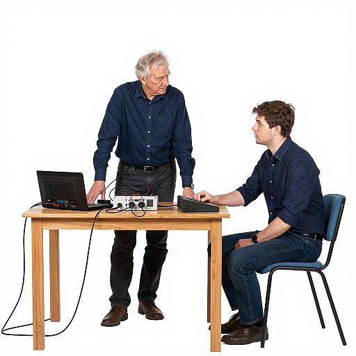 Two Men with Electronics at a Table