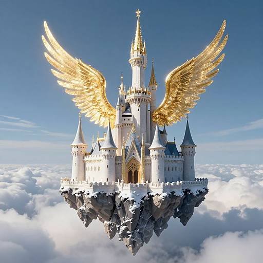 Digital art: Golden-winged castle with towering spires and turrets floats on rocky island amidst fluffy clouds under a clear blue sky.