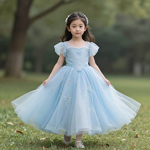 Photograph of an Asian young girl in a light blue, floral-embellished, short-sleeved, tulle dress, standing on grass