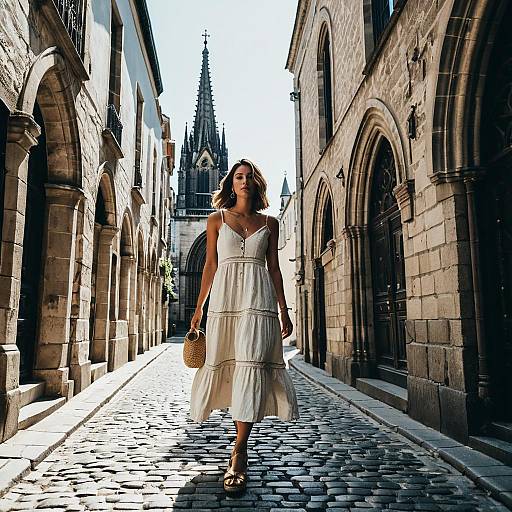 Woman Walking in European Gothic Alley