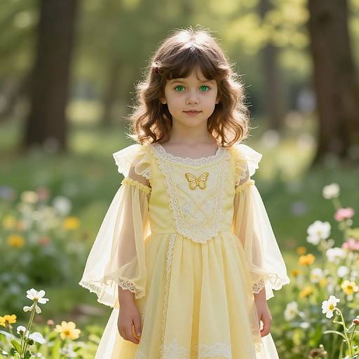 Photograph of a young girl with wavy brown hair and green eyes, wearing a yellow butterfly-embroidered dress, standing in a sunlit
