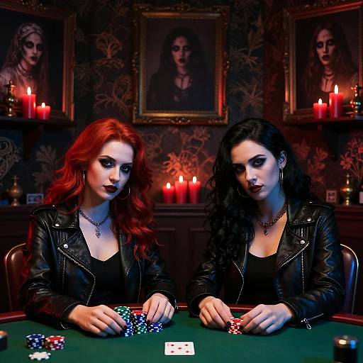 Photograph of two women with red and black hair, wearing black leather jackets, playing poker in dimly lit, candlelit room. Poker chips and