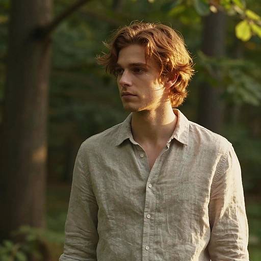 Photograph of a young man with wavy brown hair, wearing a light beige linen shirt, standing in a sunlit forest.