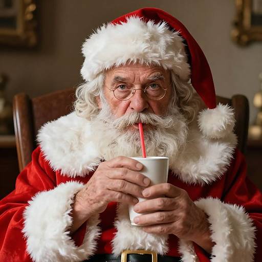 Photograph of Santa Claus with white beard, round glasses, red Santa hat, and red velvet coat, sipping from a white mug with a red